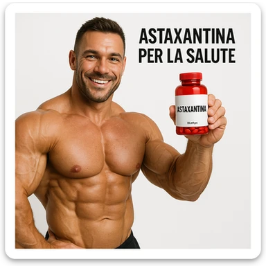 hyper realistic bodybuilder showing red bottle of astaxanthin with smile, defined muscles, text 'Astaxantina per la salute', positive atmosphere, white background sticker