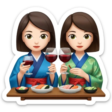 Two brunette girls eating sushi and drinking wine, first girl has a blue kimono and the second girl has a green kimono sticker