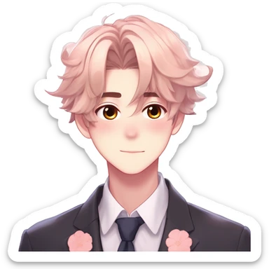 Gorgeous romantic hot attractive anime style modern gentlemanly anime shojo guy with pretty hair and flower petals and blushing face aesthetic trending style  pastelcore cottagecore kawaiicore sticker