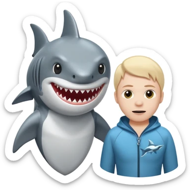 A shark looking at a person, but not in the water and the shark is actually a person sticker