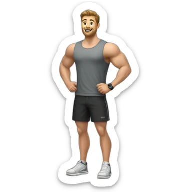 Full height realistic Actively gesturing with hands Pale skinned Fit Man With the biceps and brown hair in dark gray Sleeveless Mike, black oversize sports shorts, watch and white Sneakers sticker