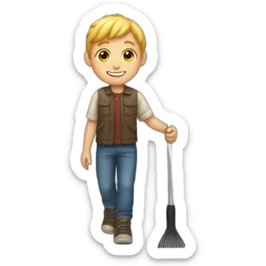 white kid holding a rake sticker