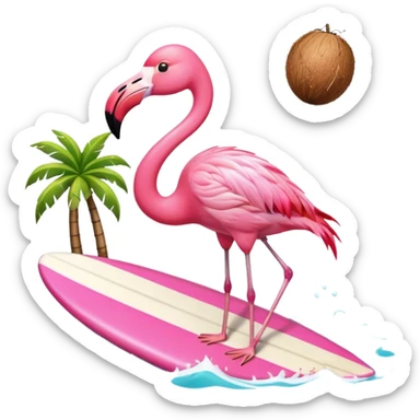 flamingo surfing with while drinking a coconut sticker