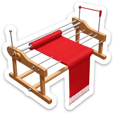 rigid heddle weaving loom set up for weaving a bright red scarf, with red yarn on a stick shuttle laying across the warp threads sticker