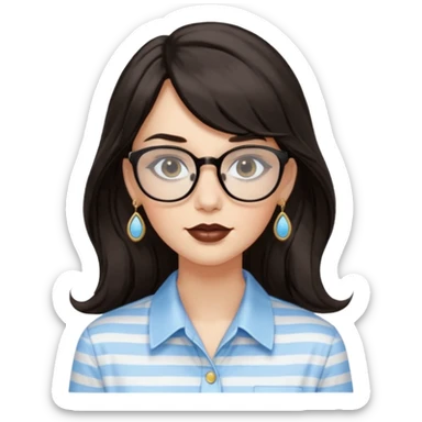 An emoji featuring a woman with long wavy dark brown hair and a whispy bang, wearing thick black square glasses, gold drop earrings. She has long lashes and a nude browny glossy lipstick. She's wearing an oversize light blue shirt with white vertical strips. sticker