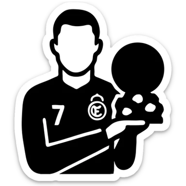 Cristiano Ronaldo in Real Madrid soccer uniform holding the Golden Ball trophy sticker