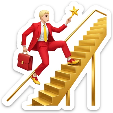 "A professional human figure dressed in a red and yellow business suit, confidently climbing a staircase made of progress bars or career-related icons. The figure’s outfit consists of a red blazer with yellow accents, red trousers or a skirt, and polished yellow shoes. A bright upward arrow (📈) is beside them, symbolizing growth and success. The person carries a red briefcase (💼) with golden details in one hand, while the other hand reaches toward a shining gold star (🌟), representing ambition and achievement. The background is plain white, with a clean, modern business-themed design. sticker