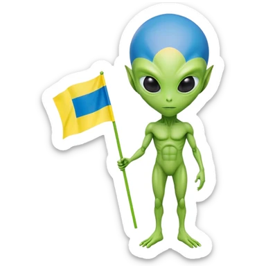 Green alien with Ukraine flag sticker