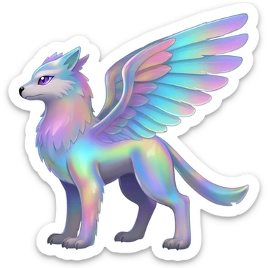 Colorful iridescent whitish pastelish luminescent angelic divine shiny sparkly glittery Gryphon-Trico-Sergal-Furret-Ferret-Wolverine-Vernid-fusion-Fakemon-animal-hybrid-creature, full body sticker