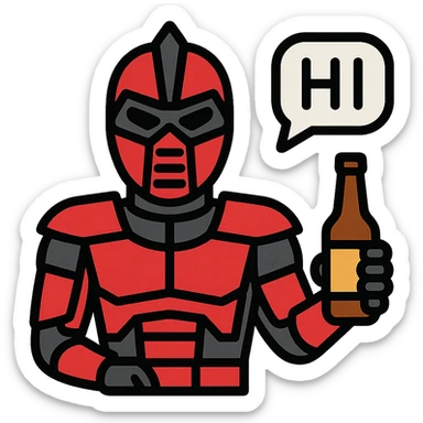 Sector from Mortal Kombat, cybernetic ninja in red armor, holding a beer bottle, relaxed stance, speech bubble saying 'HI' sticker
