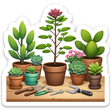 Close-up of a potted sapling with vibrant flowering plants around it, in rich soil. Sunlight filters through the window, casting soft shadows. Cozy indoor garden with blooming flowers, succulents, and gardening tools placed neatly on a wooden table. sticker