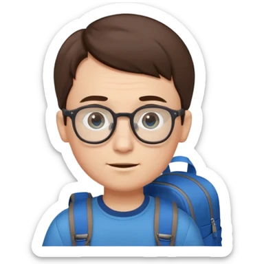 a boy with combover short brown hair and blue eyes, glasses, backpack sticker