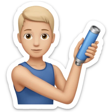 a beige skin colored hand holding a cylindrical tube, no sleeves, sticker