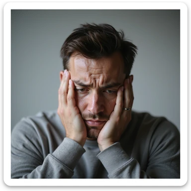 realistic 30-year-old man suffering intense anxiety, sweat on forehead, hands nervously clasped, glossy eyes, minimalist background sticker