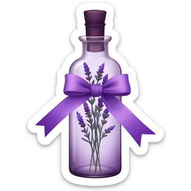 A vintage glass bottle, filled with delicate lavender stems in varying shades of soft lilac and deep aubergine, is adorned with a hand-dyed violet ribbon tied into a gentle bow. The light filters through the dusty glass, casting shadows of lavender sprigs onto the lace-covered surface, as if capturing a fleeting moment of serenity.






 sticker