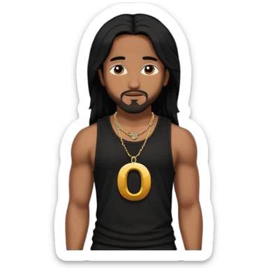 Omarion medium dark skin, long black hair, black tank top with necklace with letter o sticker