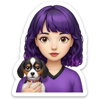 Girl with black curly hair with purple roots and blunt bangs holding a beagle sticker