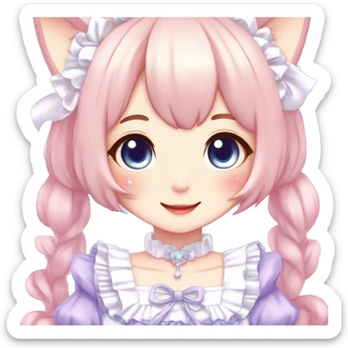 Gorgeous anime style catgirl blushing face maid outfit Lolita idol model colorful shiny sparkle kawaii pastelcore cottagecore pearly petite simplistic aesthetic trending style sticker