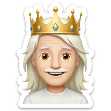 a smiling man with long white hair and has no beard wearing a white smart shirt and a crown sticker