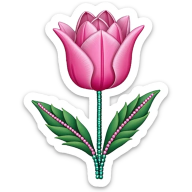 french beaded pink tulip flower with 2 leaves, handmade with glass beads, no background sticker