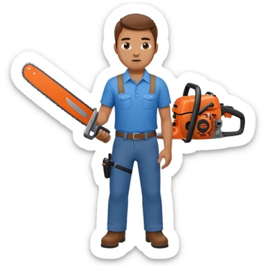 A man with a blue shirt and brown pants holds a chainsaw and a shotgun  sticker