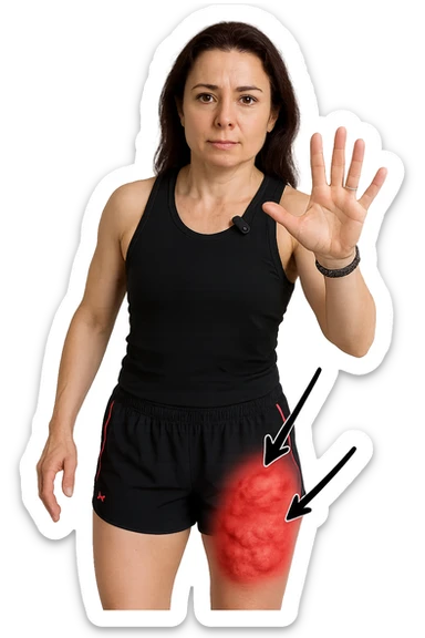 Donna con cellulite sulle cosce indica le cosce che sono infiammate di cellulite con frecce ad indicare  sticker