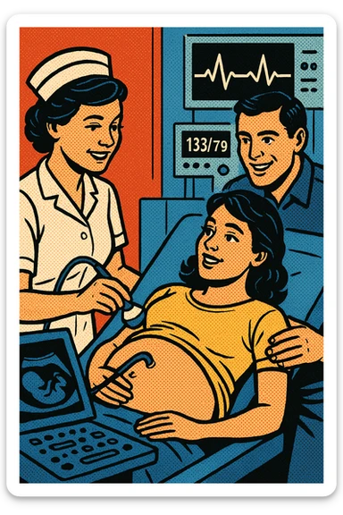 A nurse giving a pregnant young woman an ultrasound scan in a modern hospital with her husband by her side and in the background heart rate monitors and blood pressure sticker