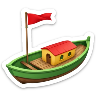 green boat in cartoon having a small place to live and a small red flag on it sticker