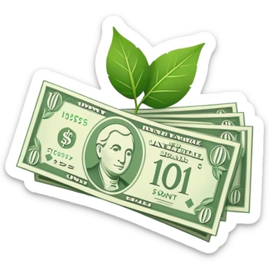Minimal line-art icon of a money bill with a leaf symbol on the corner, clean modern style, simple outlines, slight 3D, no background, transparent, represents pure and ethical income. sticker