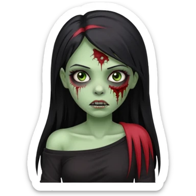 Garota zumbi com cabelo todo preto liso longo e mechas vermelhas na lateral da cabeça dos dois lados, usando uma blusa com um lado da manga caida preta  sticker