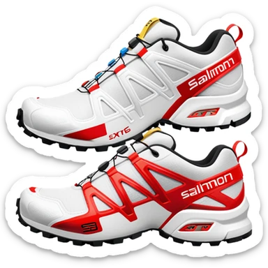 White Salomon XT-6 shoes with the signature colored speedcross stripe running through the middle, red Salomon logo stripe, one shoe behind the other, iOS emoji style, rest of the shoe pure white sticker