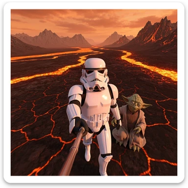 Camera POV, Starwars stormtroopers vlogging selfie, he is walking on lava planet with yoda sticker