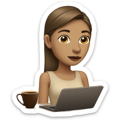 Half face of a girl at the laptop. A a cup of coffee on the left side of the table. Books on the right side. in beige tones sticker