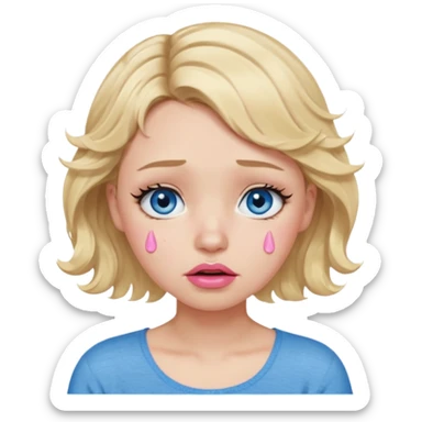 Girl Blonde short wavy hair,  blue eyes, cute blue top, long lashes, pink lips,crying with big tears running down the face  sticker