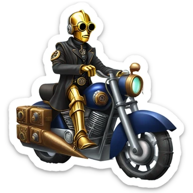 Bounty hunter C-3PO wearing a pair of navy-blue rimmed steampunk goggles, hat, leather chaps, fringe jacket riding a fast 3 wheeler trike steampunk motorcycle on ice  sticker