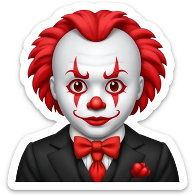 Crea un payaso que tenga toda la cara absolutamente toda la cara blanca, junto con la parte del pelo que sea blanco, pero que no tenga pelo con unos cuernos negros y que tengo un traje de payaso negro con rojo sticker