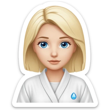Blonde women wearing a white spa robe with blue eye pads under her brown eyes sticker