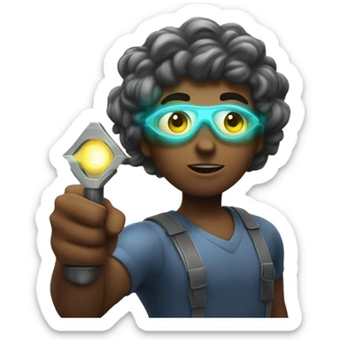 strong, focused figure with glowing eyes, holding a tool and pointing forward, surrounded by energy lines and a bright horizon symbolizing vision and success. sticker