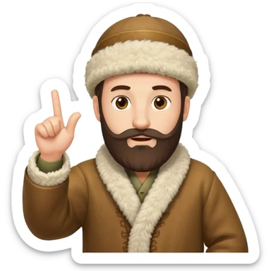 Create an emoji-style illustration of a Caucasian man from the Caucasus region, wearing a traditional woolen papakha hat and a robe made of sheepskin. He has a thick beard and is pointing one finger upward. The style should be simple and expressive, like an emoji. sticker