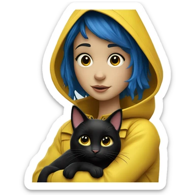 Coraline Jones 	•	“A brave young girl with short blue hair, wearing a yellow raincoat, jeans, and rain boots, holding a black cat, with a curious and adventurous expression.” sticker