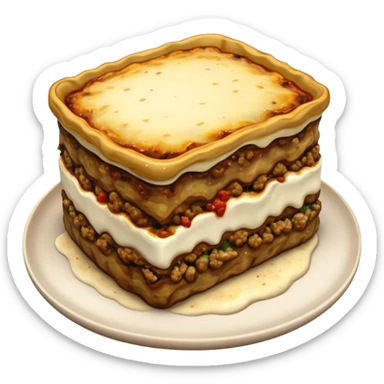 Moussaka Cinematic Realistic Moussaka Dish Emoji, depicted as a rustic serving of moussaka with layers of soft eggplant, ground meat, and a creamy topping featuring a delightfully crispy corner, rendered with rich textures and warm, inviting lighting. sticker