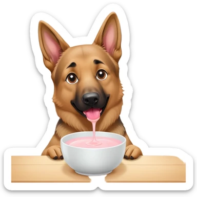 A German shepherd drinking yogurt out of a bowl in side of a house sticker