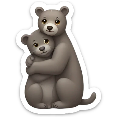 brown bear cub hugs gray cat sticker