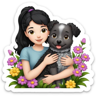 A beautiful girl with black ponytail and wearing short sleeves happily hugs a gray curly dog ​​in the flowers sticker