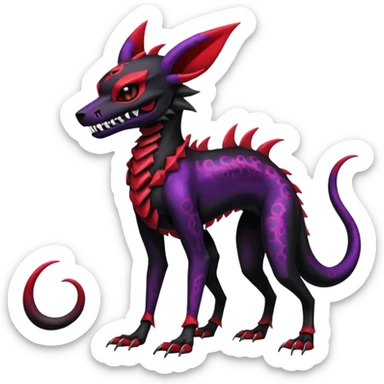 Gothic Black red purple Scaley Exotic Salandit-Umbreon-Noibat-Houndoom-Fakémon-hybrid-creature (full body), 4 legs, skull face mask sticker