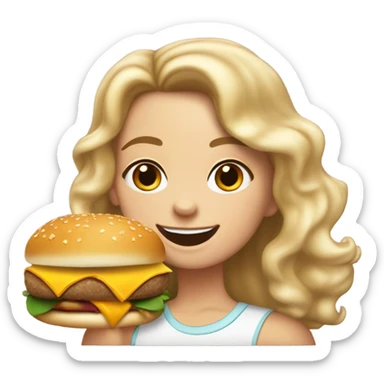 white girl medium length curly hair freckles birth mark on left side of neck eating a cheeseburger and cheesey bread  sticker