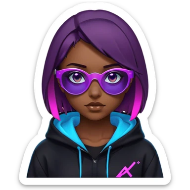 
girl with brown bob and blue eyes in a black hoodie and sunglasses. Cyberpunk style. Violet neon. sticker