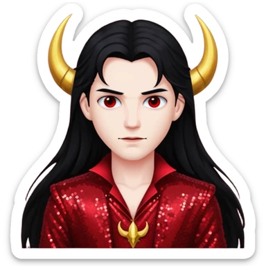 Lucifer with long black hair, dark red sequin outfit sticker