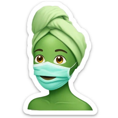 A woman with a wrapped towel on her head, green face mask, and cucumbers on her eyes  sticker
