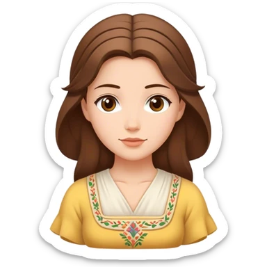 Cinematic Serene Belle Portrait Emoji, rendered in a simplified vector style. Depict a gentle Belle (chest and above) with fair, glowing skin, softly cascading brown hair, and a calm, inviting expression, dressed in her traditional village dress. The image exudes a soft, luminous glow and is outlined with a subtle, warm light. sticker